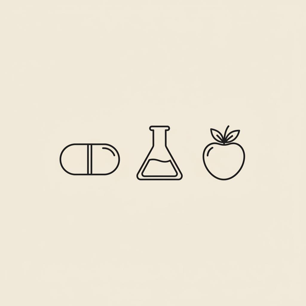 Minimalist Tonum-style line illustration of an L-carnitine capsule beside a small lab beaker and a berry on flat beige background #F2E5D5.