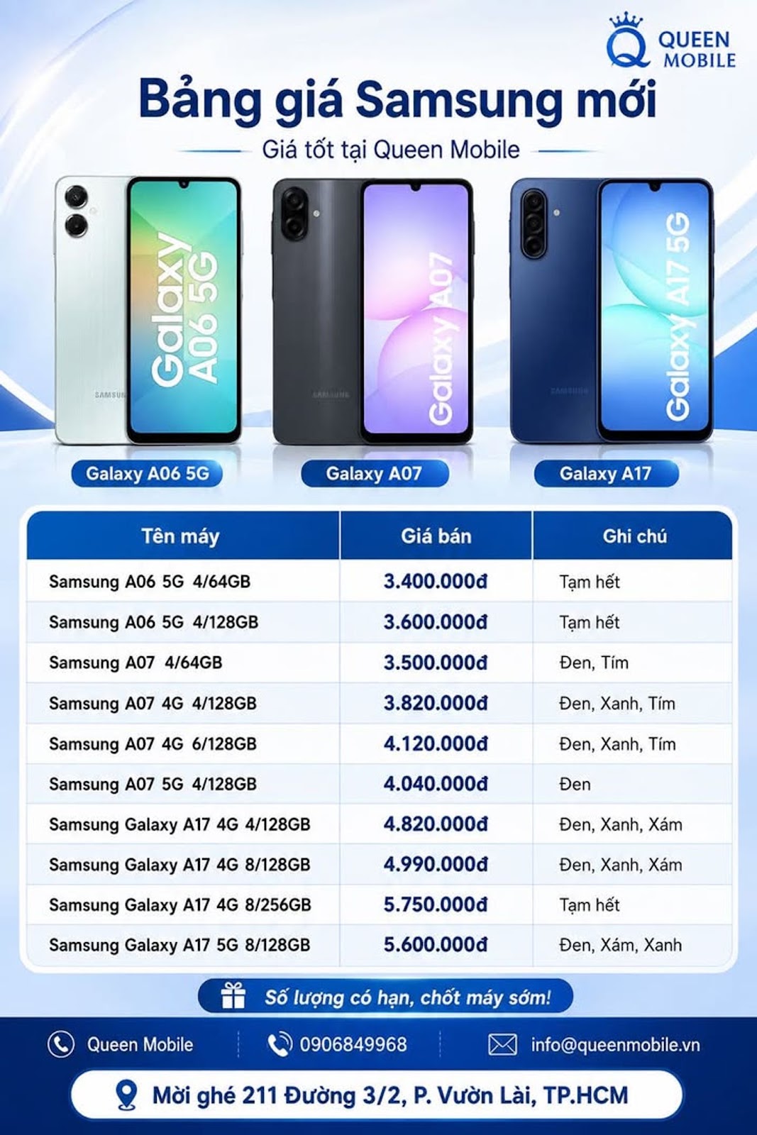 BẢNG GIÁ SAMSUNG MỚI TẠI QUEEN MOBILE 

#Samsung #GalaxyA06 #GalaxyA07 #GalaxyA1...