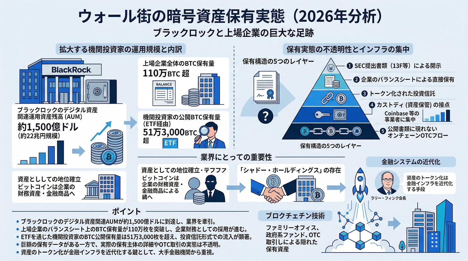 ウォール街の暗号資産保有実態（2026年分析）：ブラックロックと上場企業の巨大な足跡