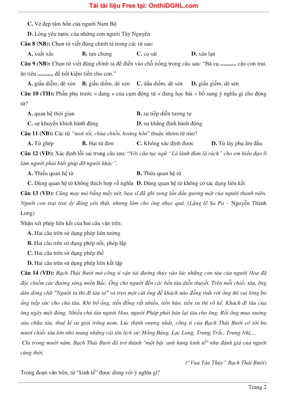 500 bài tập môn Ngữ Văn - Ôn thi ĐGNL ĐHQG TP HCM Phần 1