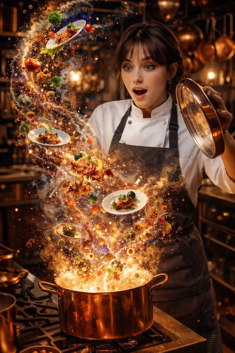 Una fotografía comercial hiperrealista de alta velocidad que muestra a un hombre con el rostro subido como referencia en la cocina de un chef...