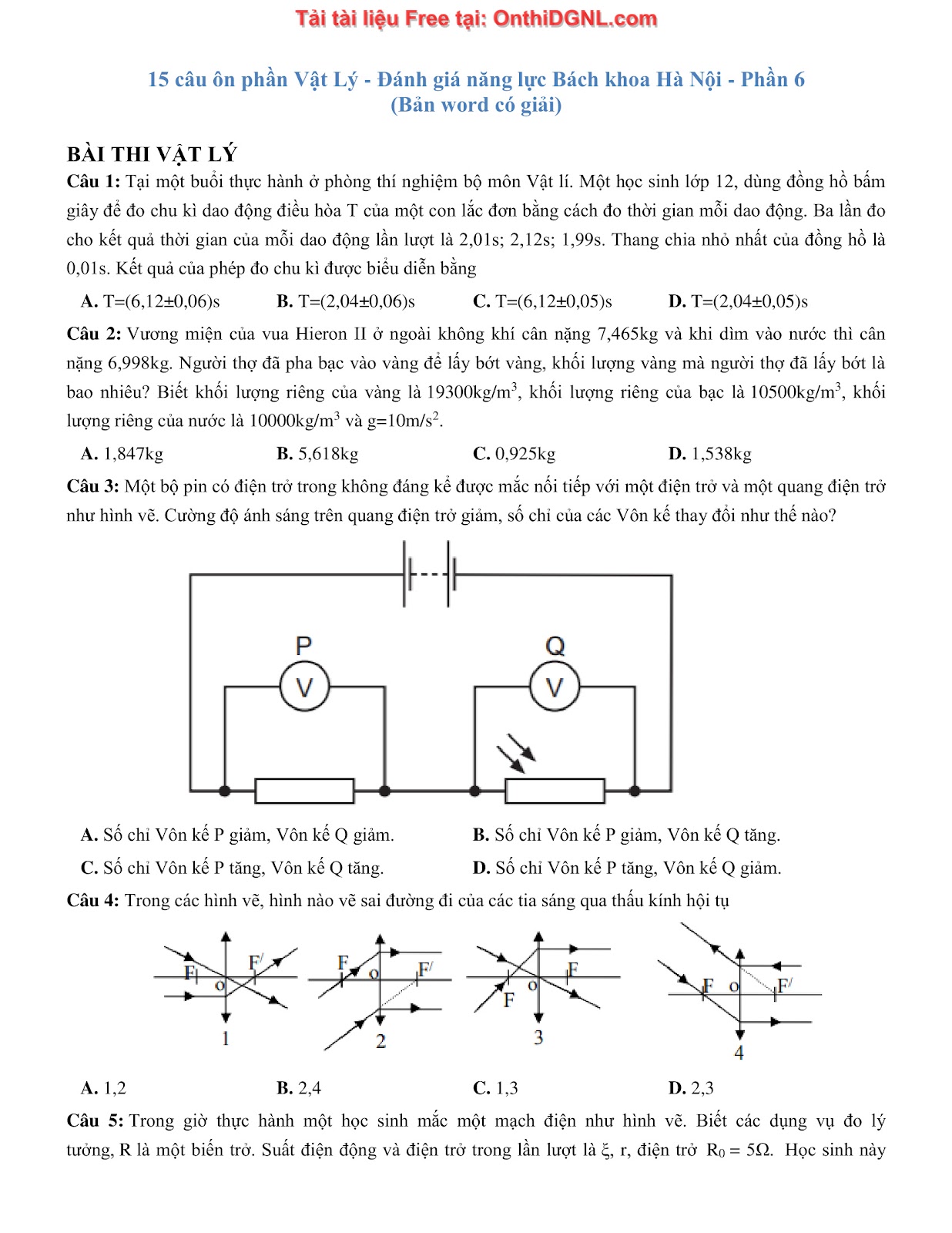 105 bài tập môn Vật Lý - Ôn thi ĐGNL Bách khoa Hà Nội Phần 6
