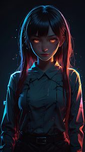 Intense Anime Girl Portrait with Fiery Orange Glowing Eyes