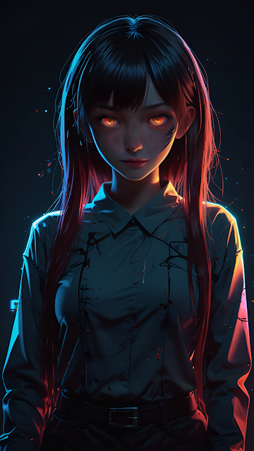 Intense Anime Girl Portrait with Fiery Orange Glowing Eyes - Free mobile Wallpaper