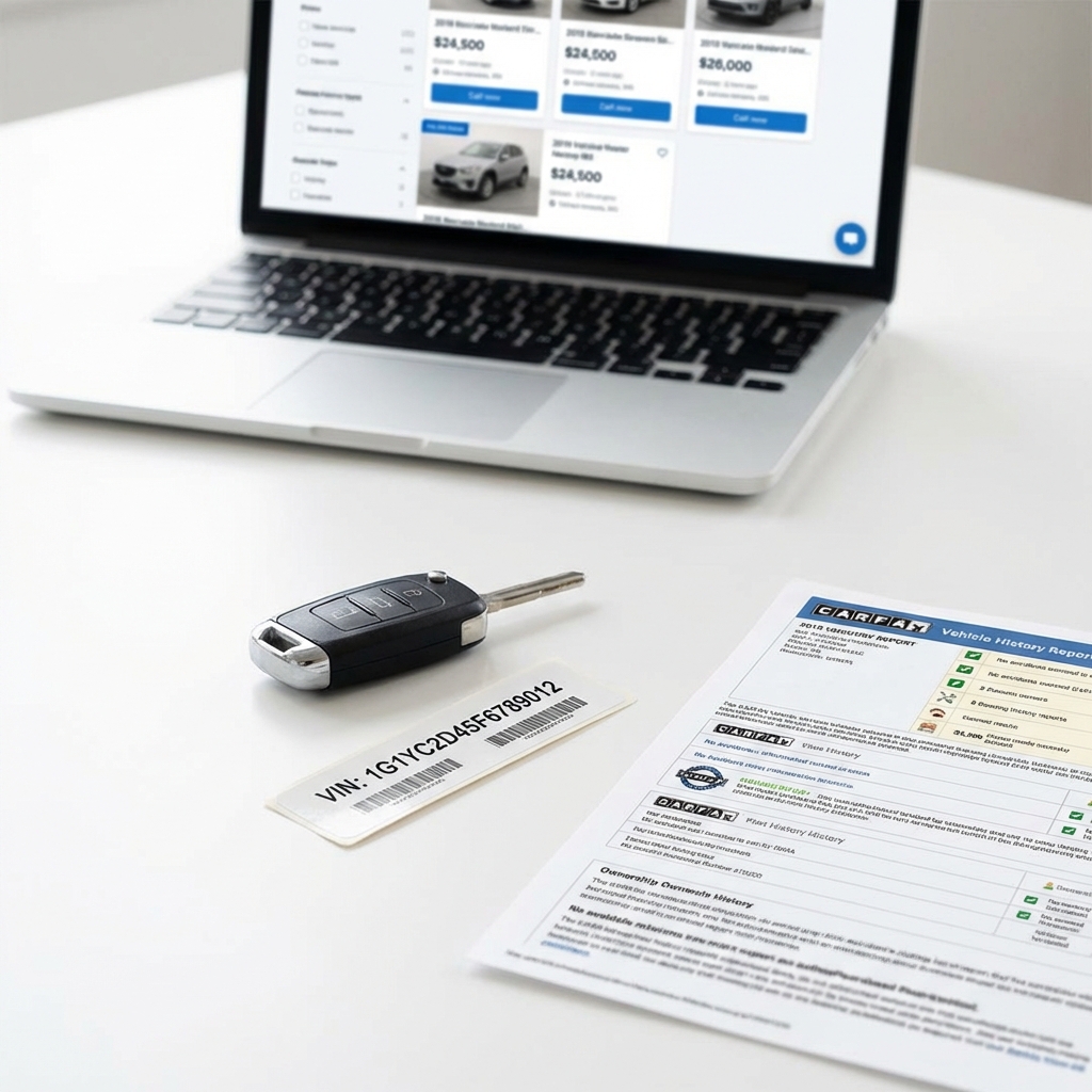 Close up of car key VIN sticker and printed vehicle history report with laptop showing tesla car price listings on white minimalist table