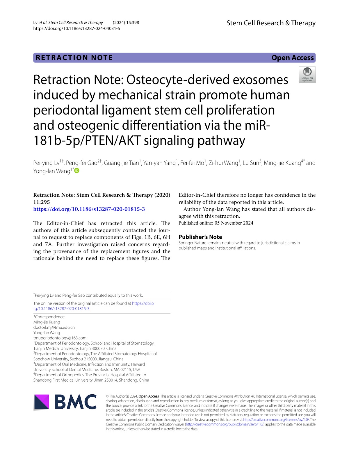 Retraction Note: Osteocyte-derived exosomes induced by mechanical strain promote human periodontal ligament stem cell proliferation and osteogenic differentiation via the miR-181b-5p/PTEN/AKT signaling pathway