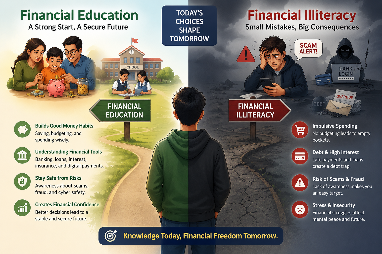 Financial education is the bridge between informed decisions and financial security. Image Source: ChatGpt