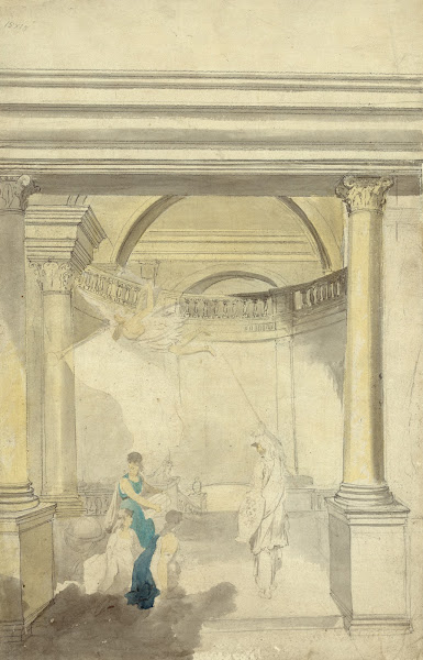 Allegorical scene of interior with columns Minerva Fame and other figures 1795 1