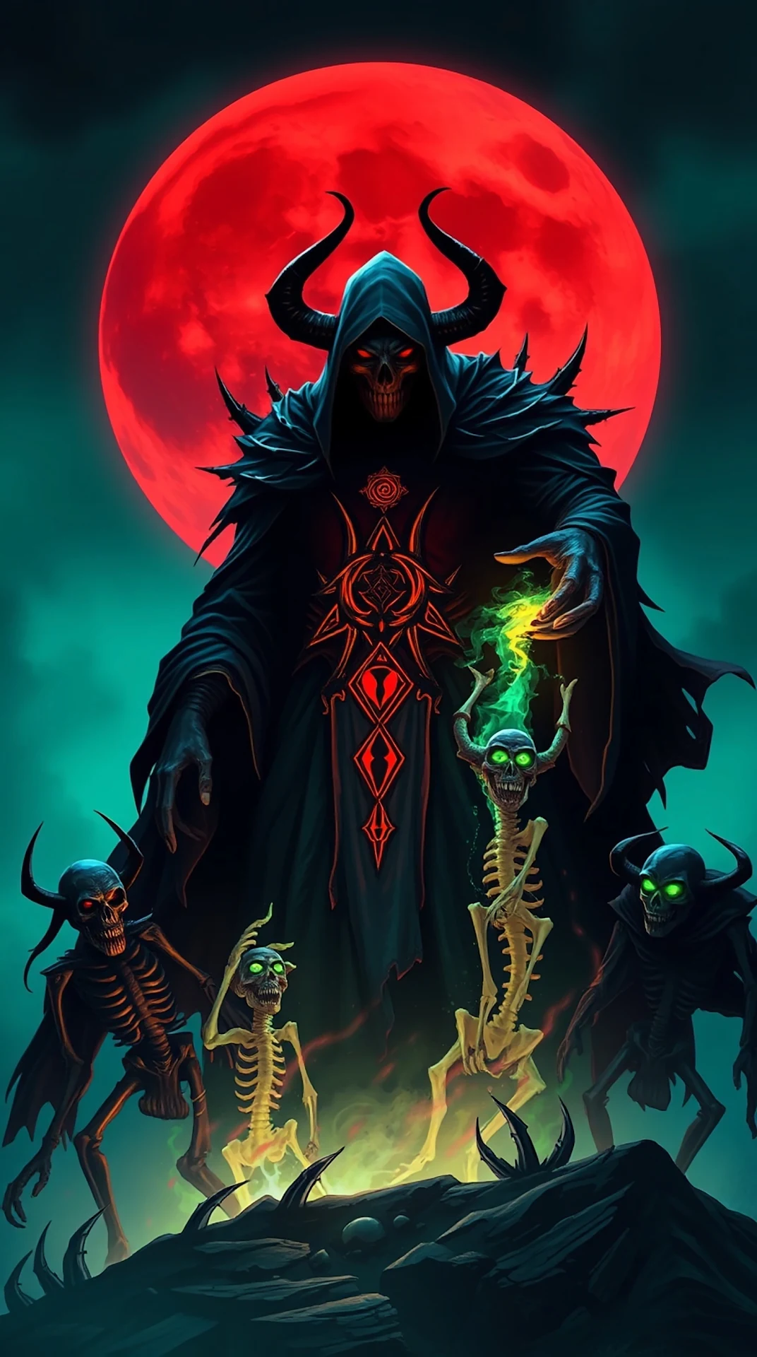 Dark Sorcerer Blood Moon Summoning Undead Skeletons Art - Free 4K mobile Wallpaper