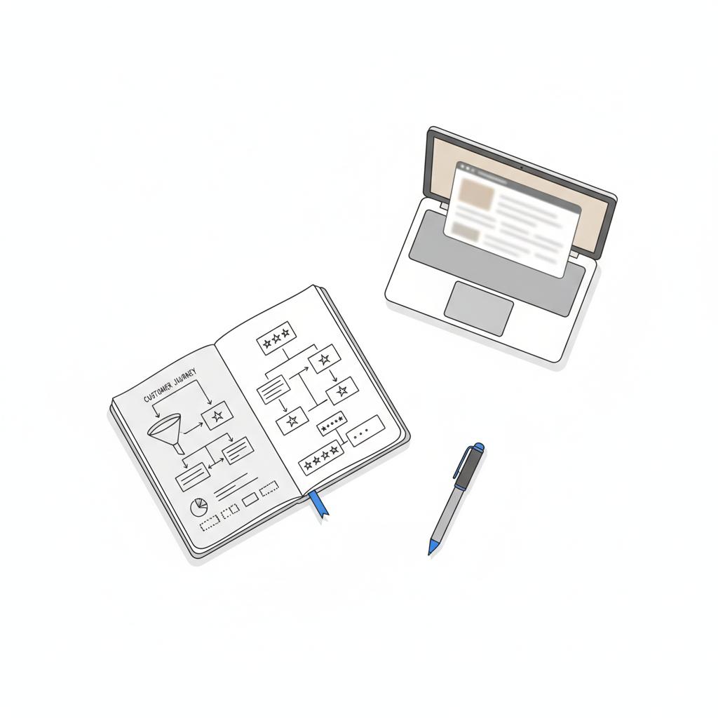 Minimalist 2D vector overhead of a white desk with an open notebook of customer-journey sketches, a blurred laptop showing a review form, and a blue-accent pen &mdash; 5 star reviews