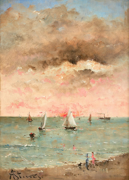Figures sur la plage au couchant