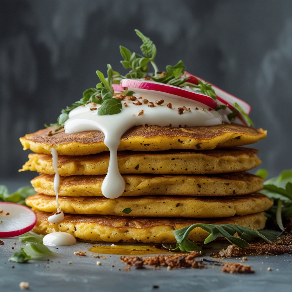 Final Ethiopian Berbere Socca Protein Pancakes with Lemon-Tahini Yogurt Drizzle