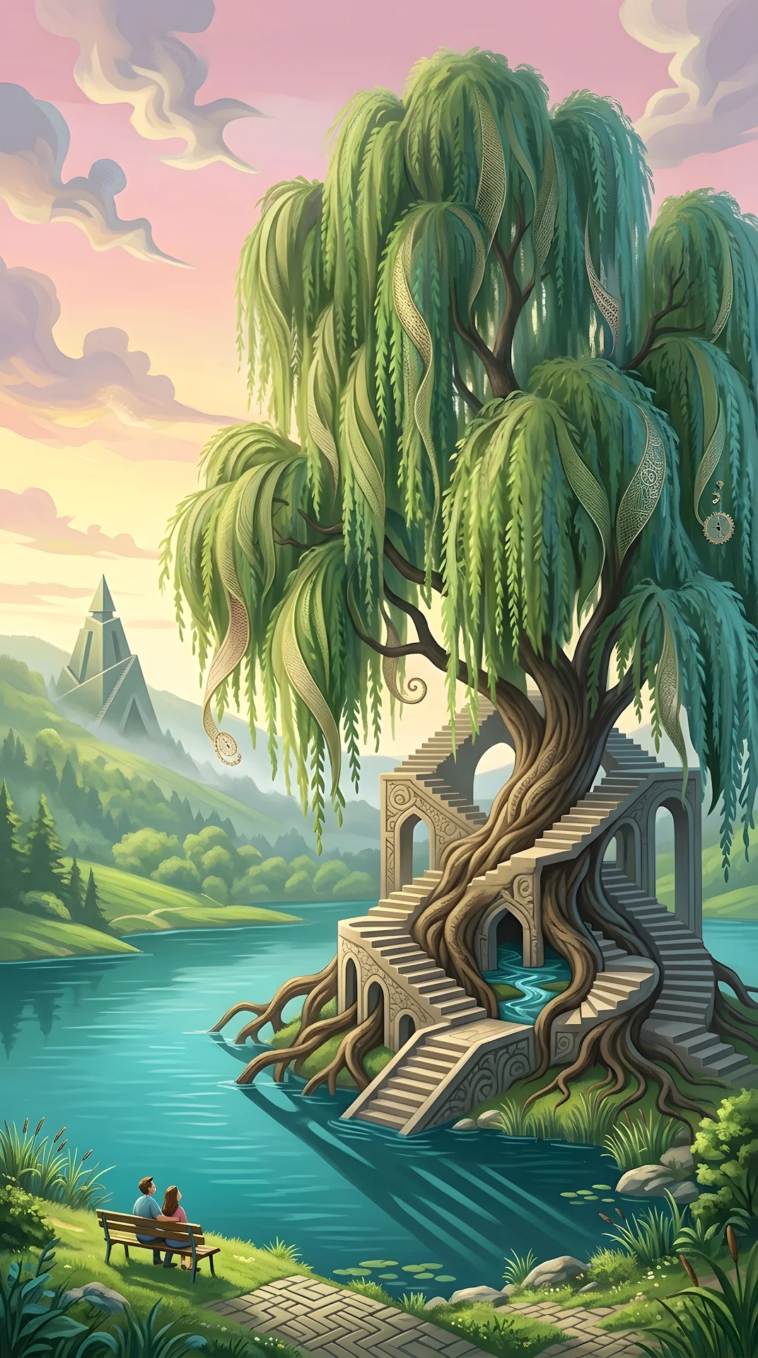 Surreal Illustration of Giant Weeping Willow Trees by a Serene Lake - Free 4K mobile Wallpaper