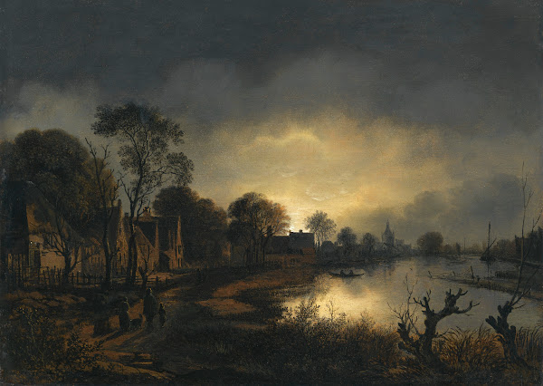 A River Landscape At Dusk With And Figures Walking Along A Path Towards A Villag