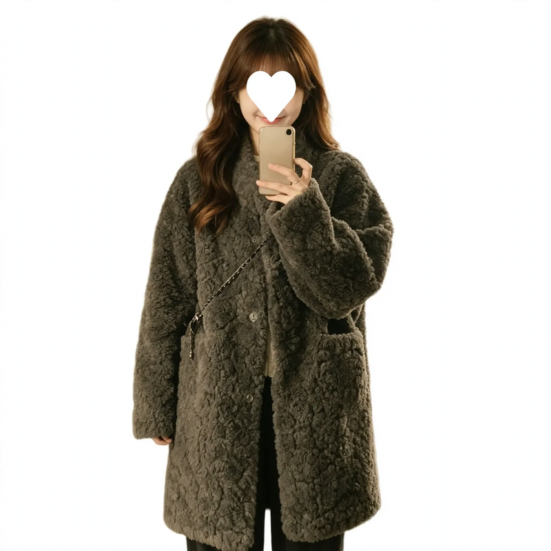 Lamb fleece imitation coat, mid-length, women's