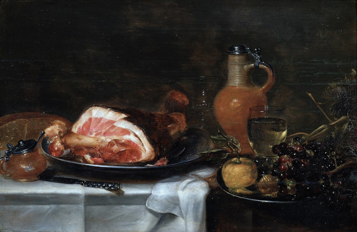 Still life with ham and grapes