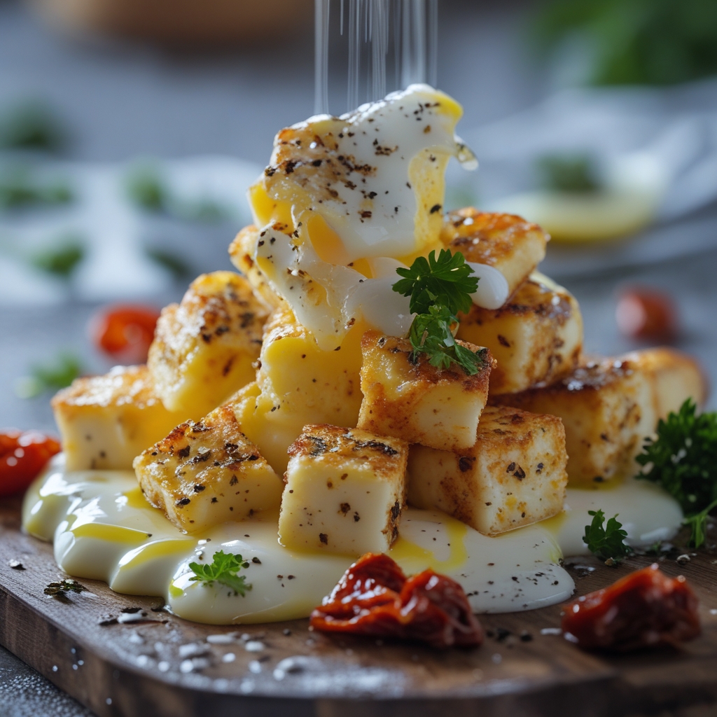 Za'atar Halloumi Egg White Scramble with Lemon Yogurt Drizzle