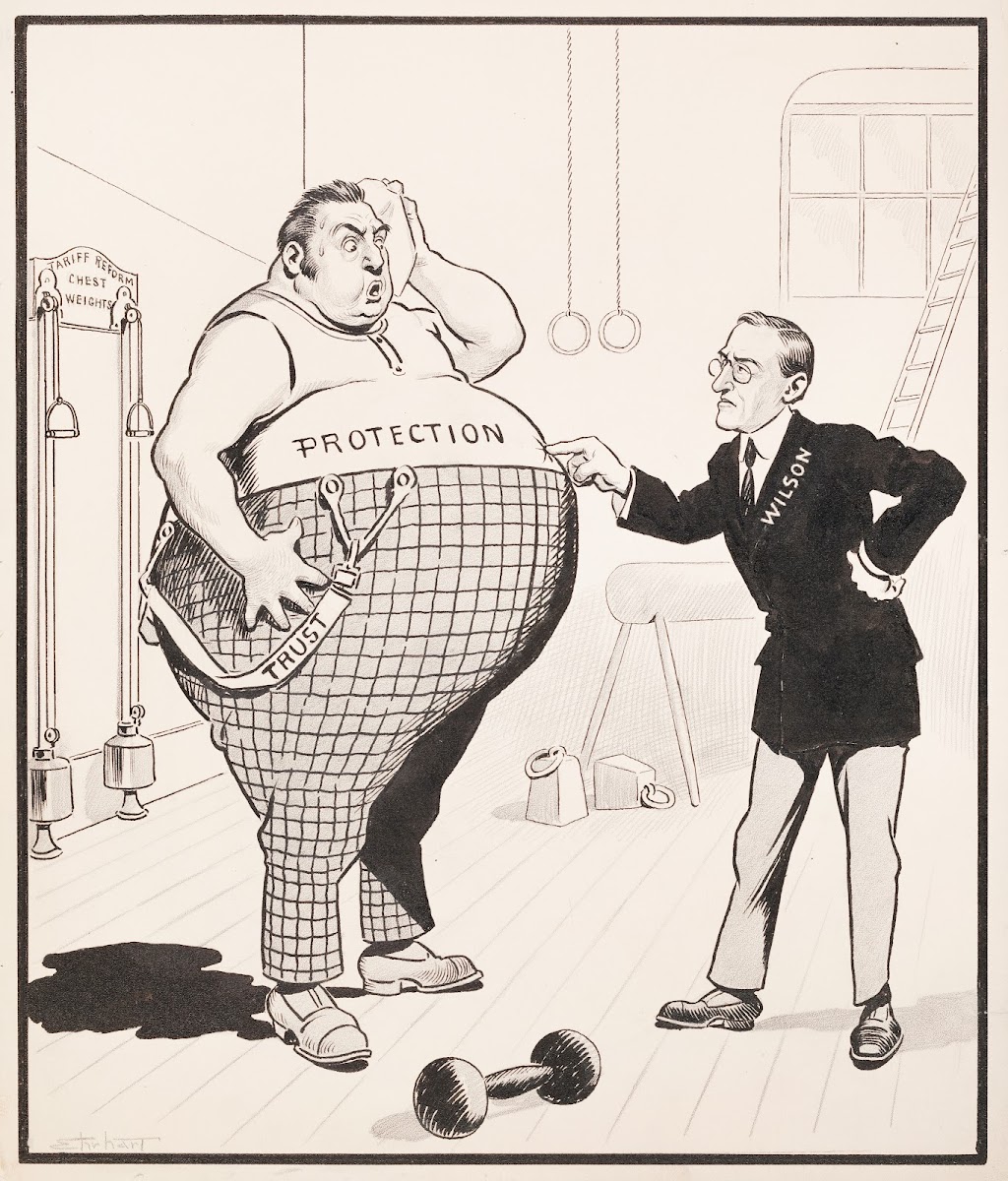President Woodrow Wilson in a gym trying to get an overweight man representing P