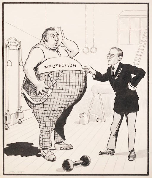 President Woodrow Wilson in a gym trying to get an overweight man representing P