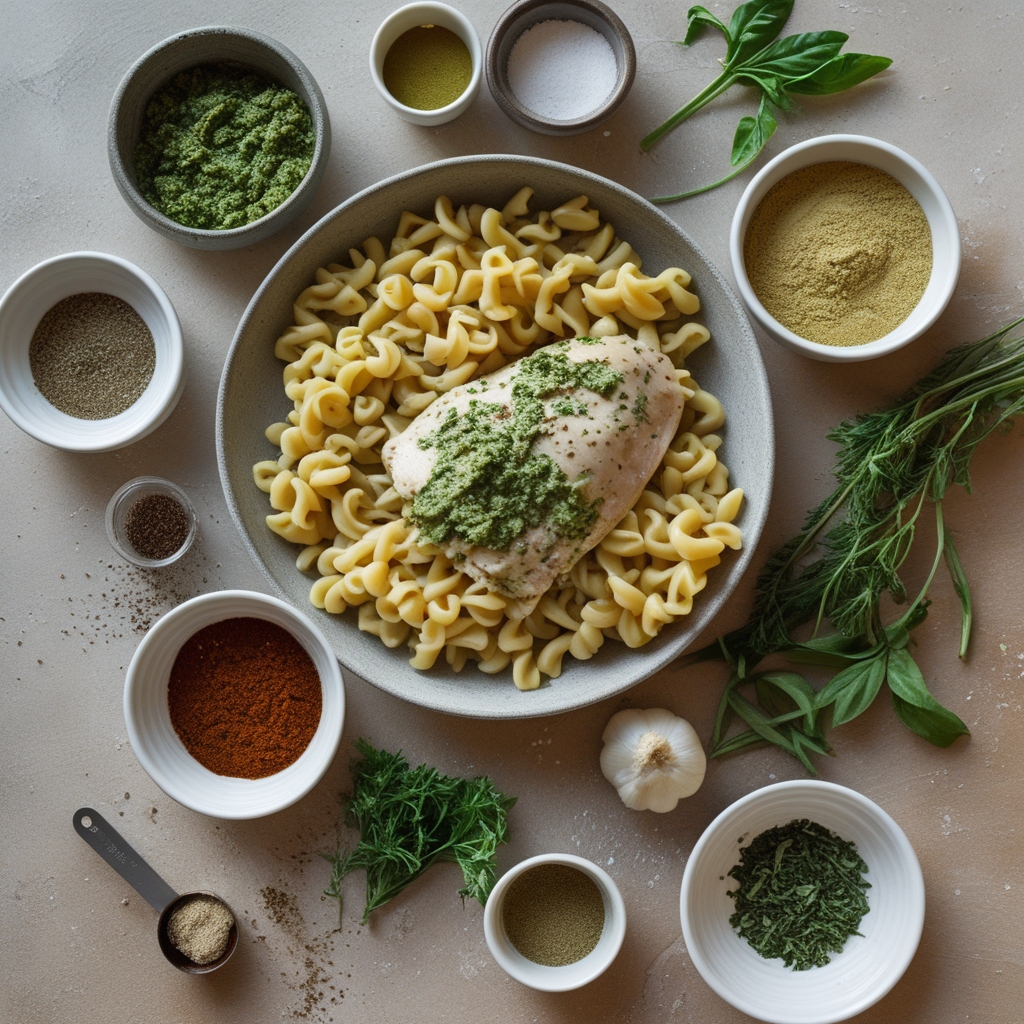 Ingredients for Creamy Pesto Chicken Pasta Bake - Easy Weeknight Family Dinner