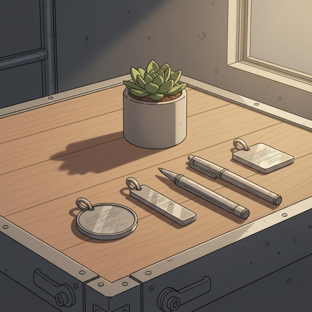 Nahaufnahme eines minimalistischen Holztisches mit personalisierbaren Metallanhängern, gravierten Stiften und Pflanze als geschenk für lehrer