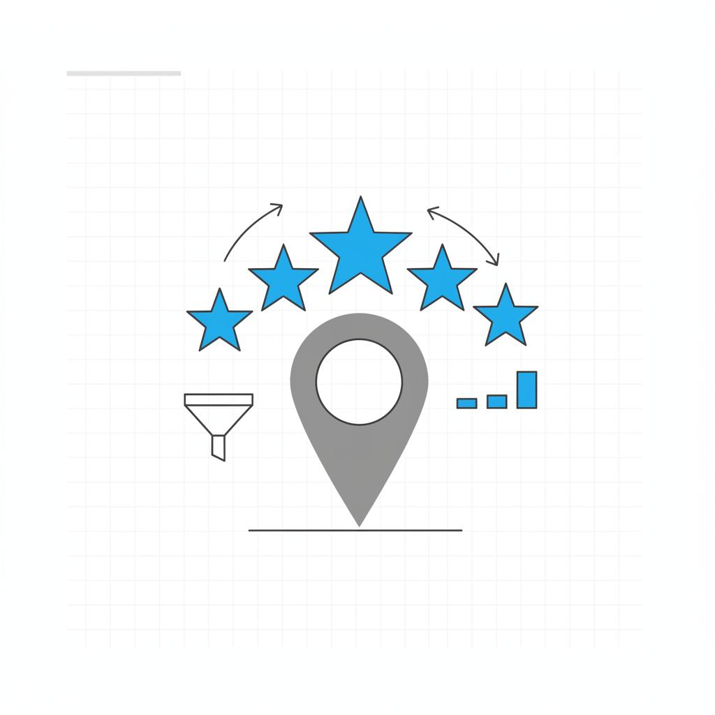 Minimal vector illustration of five blue stars arcing above a gray map-pin silhouette on a white notebook-style page, representing ratings for buy Google reviews.
