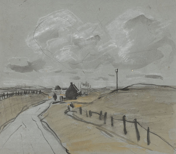Gezicht langs een weg met hoge bermen en hekjes 1864   1936