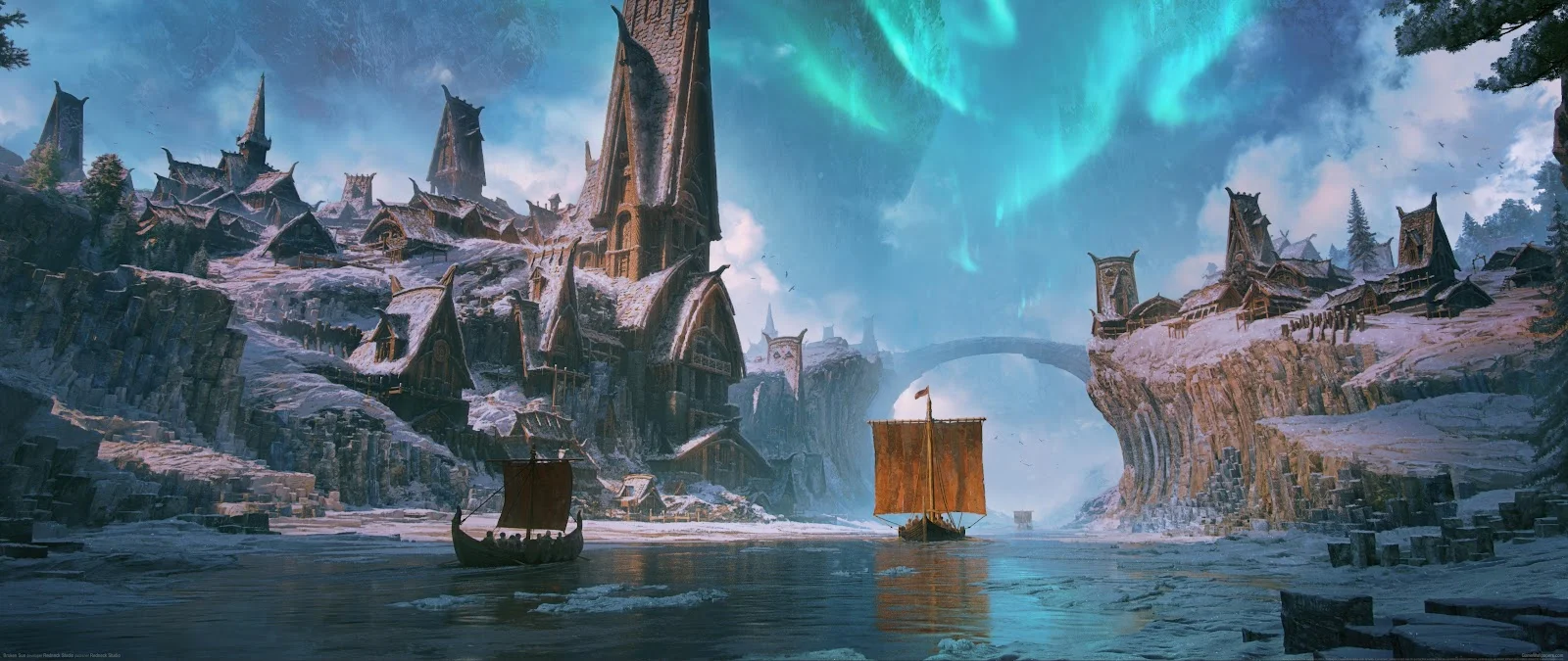 Viking Village Under Northern Lights - Digital Fantasy Art 4K Wallpaper (5120x2160)