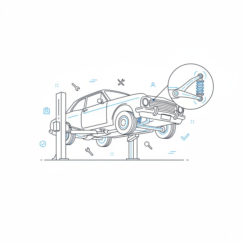 Minimalist 2D vector of a car on a lift showing undercarriage and suspension components highlighted in blue and dark line art for old cars for sale
