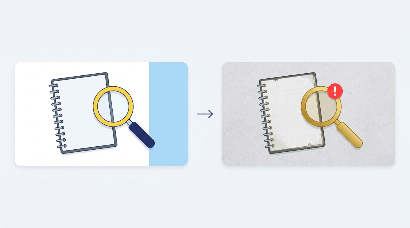 Illustration: the original design on the left, and the edited version with a gray texture, a gold magnifier, and no blue panel on the right