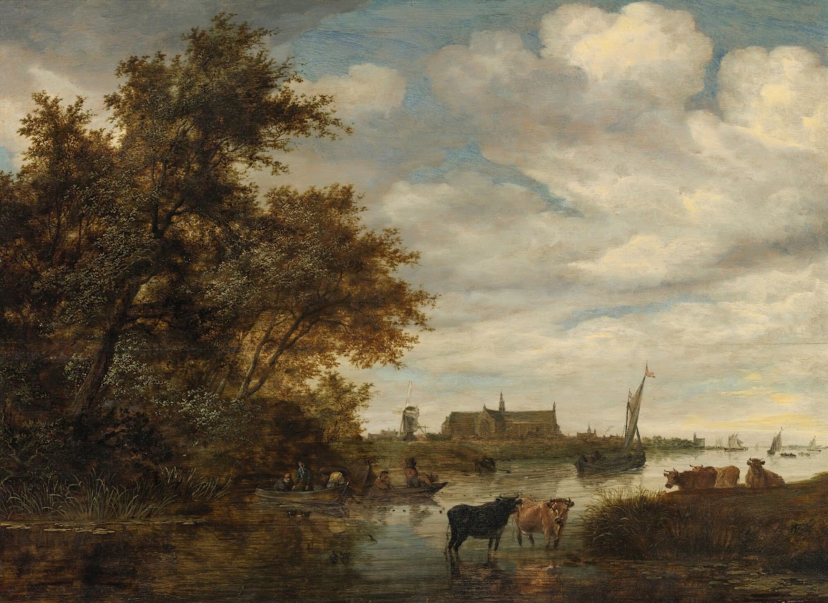 River Landscape With Fishermen And Cattle The Grote Kerk Of Alkmaar Beyond 1664