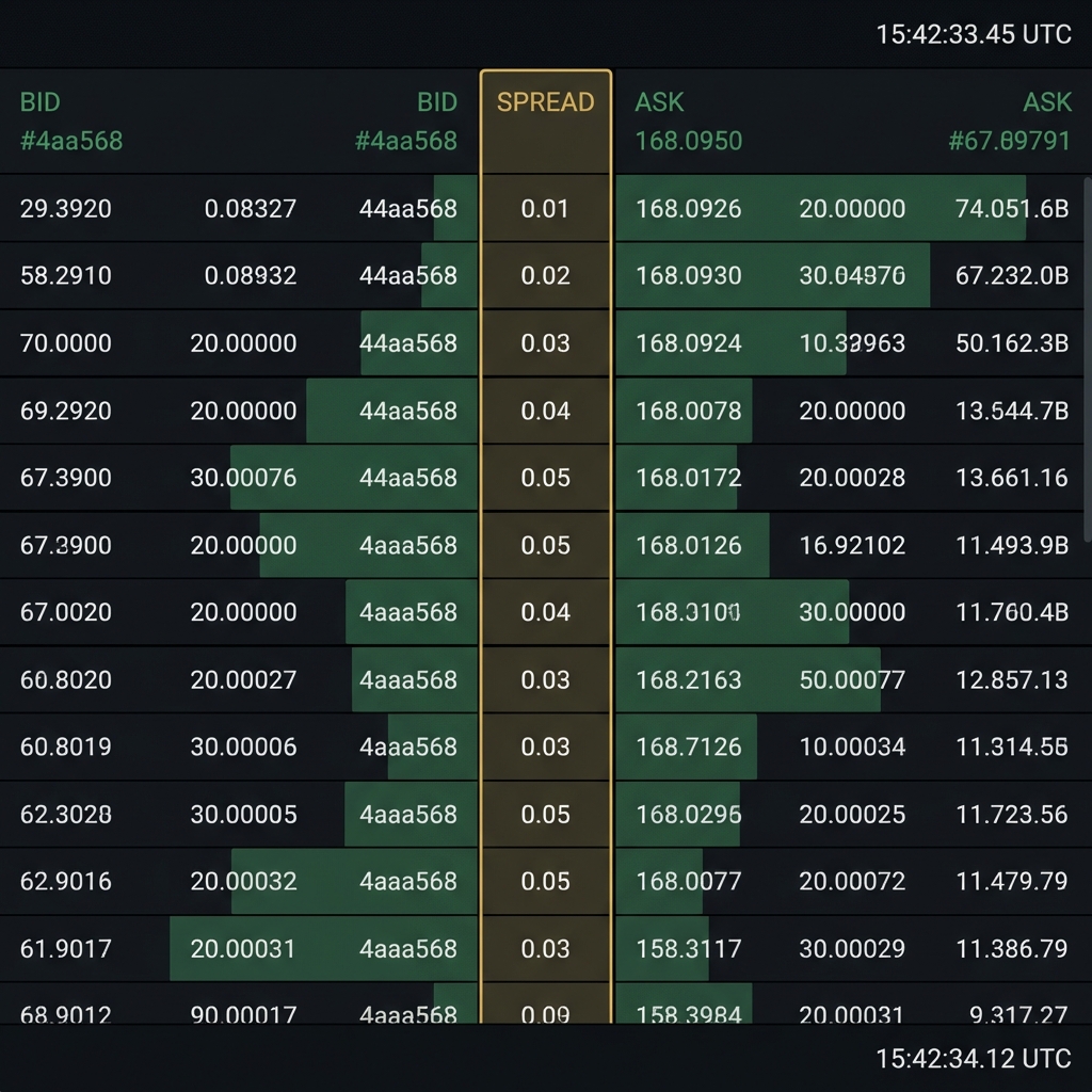 Close up of a live order book showing highlighted spread and green depth bars on a deep charcoal background in Finance Police brand colors with timestamps, best crypto exchange for day trading