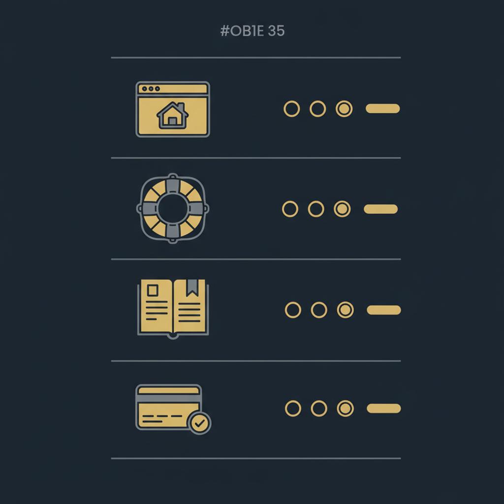Minimal vector infographic checklist with four icons (homepage, support, story, checkout) on dark navy background illustrating downside of Squarespace