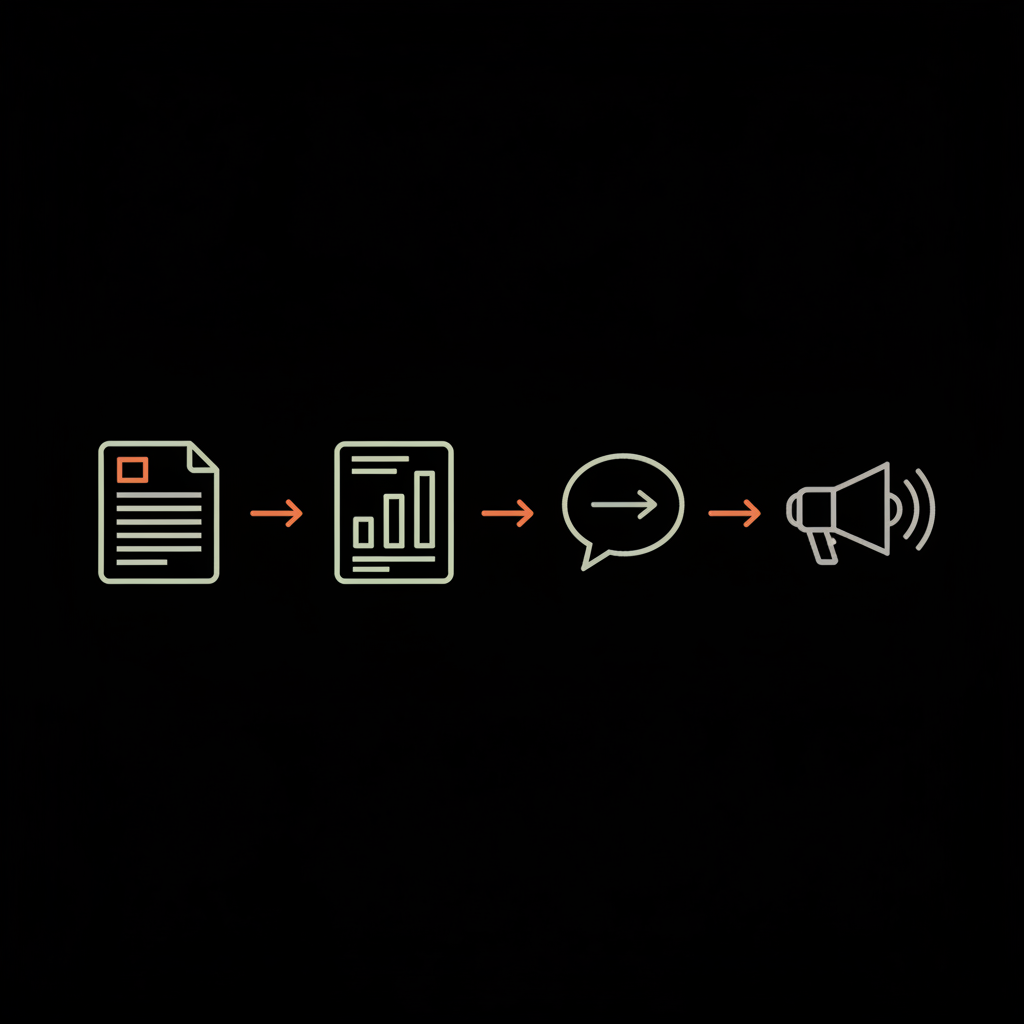 Vector infographic of four icons (document, report, reply, amplify) connected by arrows on black background illustrating process to address fake Google reviews
