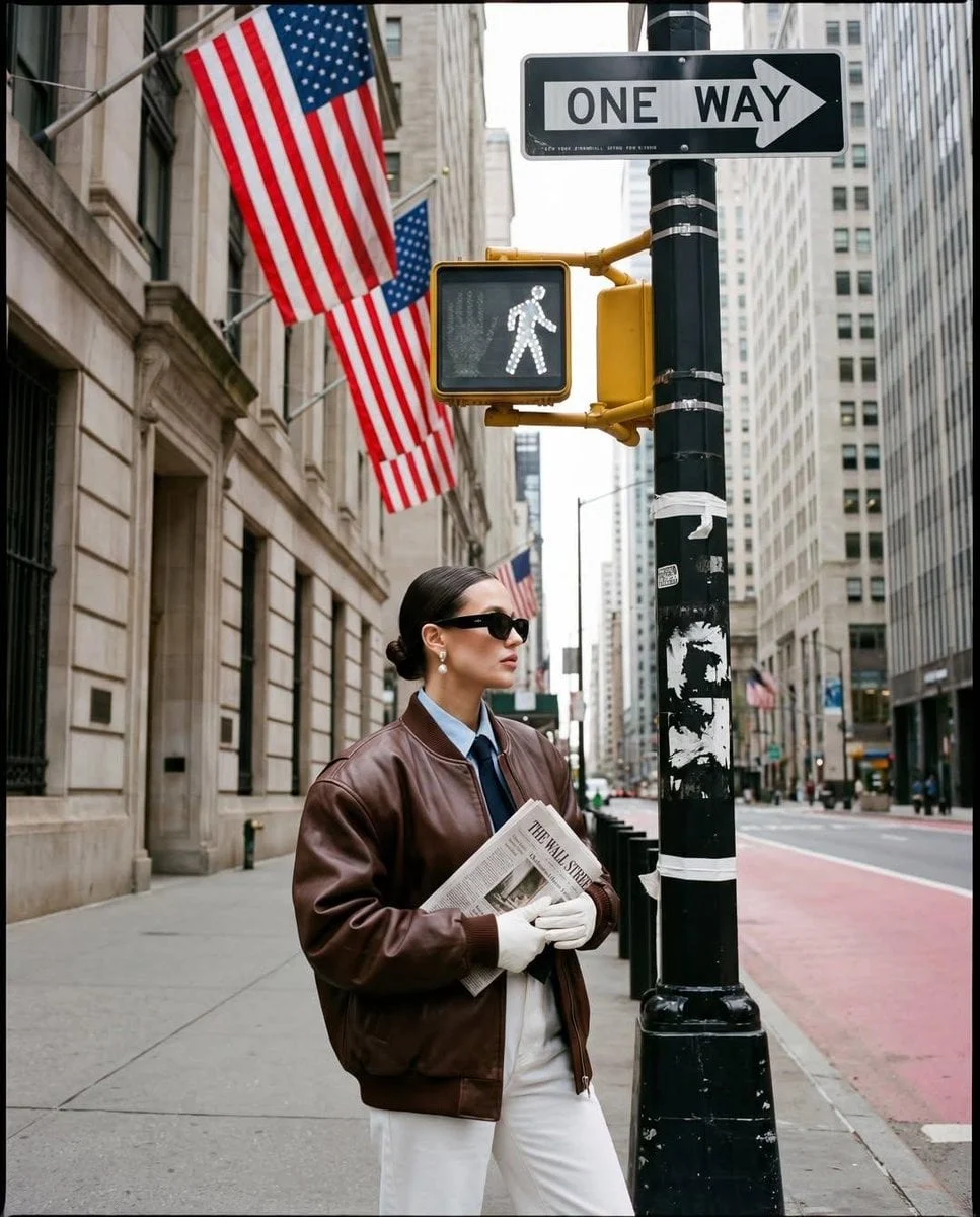 Fotografía editorial de moda callejera ultrarrealista en la ciudad de Nueva York / zona de Wall Street, tomada en formato vertical 3:4...