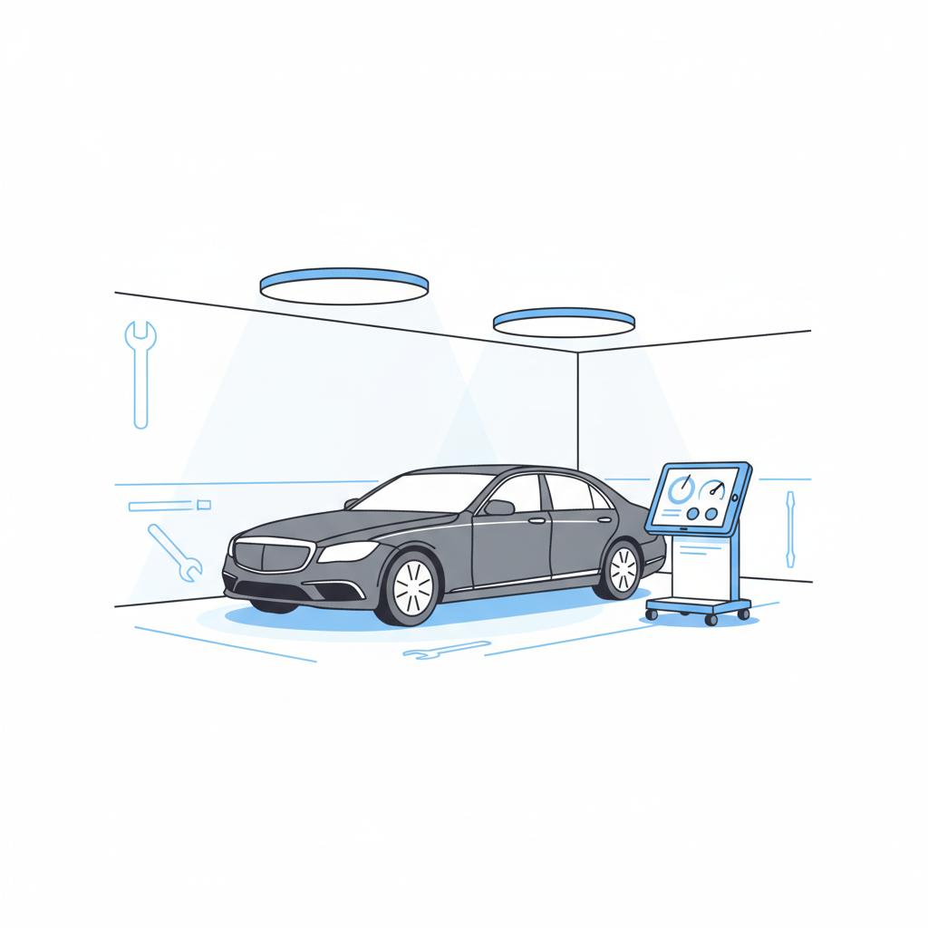 Minimalist 2D vector of a service bay with a luxury sedan and a diagnostic tablet on a stand clean white background blue accents used audi for sale