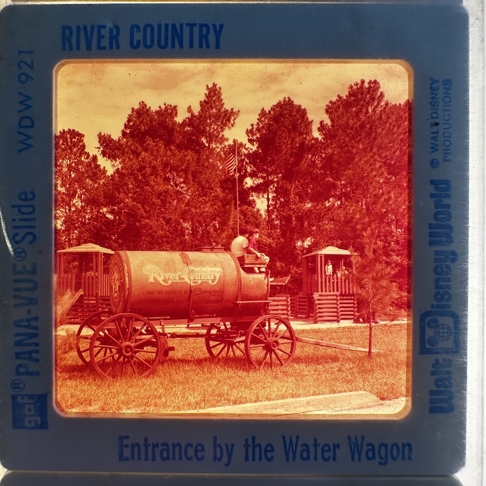 GAF Pana-Vue 35mm slide in cardboard mount showing the Water Wagon entrance feature at River Country, Walt Disney World, circa 1976–1980