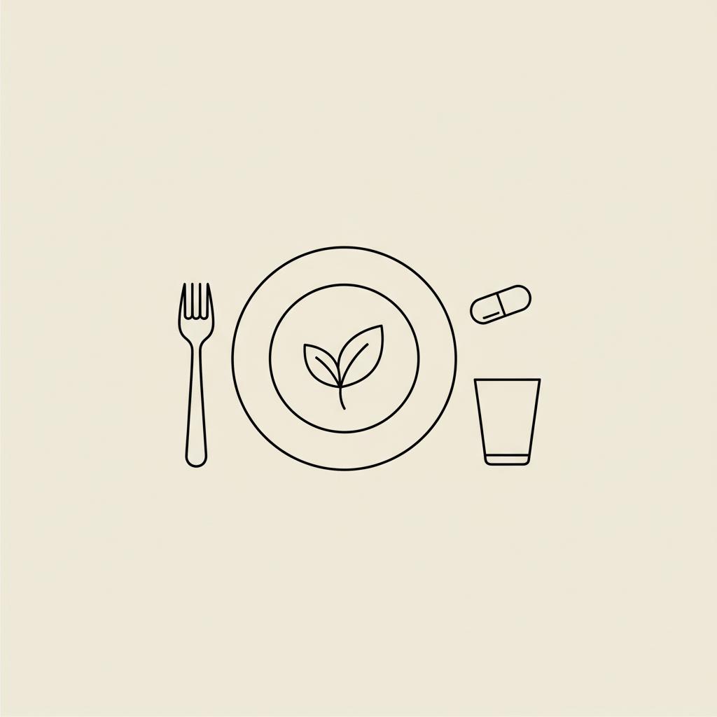 Minimalist Tonum-style vector on beige showing a plate with a leaf, a small capsule, fork and glass symbolizing vegan nutrition rules