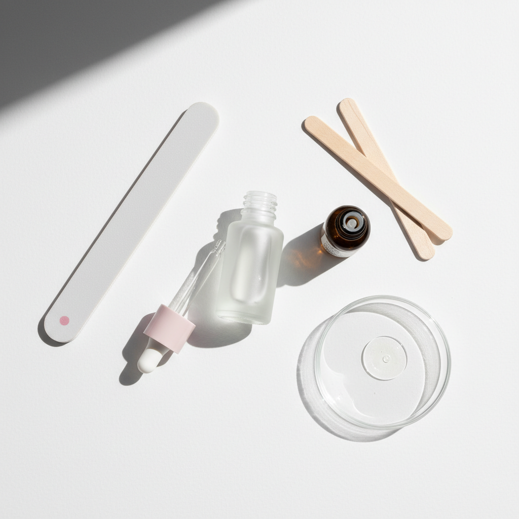 Nahaufnahme-Flatlay mit Nagelöl, Holzstäbchen, weicher Feile und unlabeled Serumfläschchen – minimalistisches Pflegeset für brüchige Nägel auf heller, texturierter Oberfläche