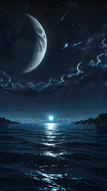 Epic Night Seascape with Giant Moon and Bright Horizon - Free mobile Wallpaper