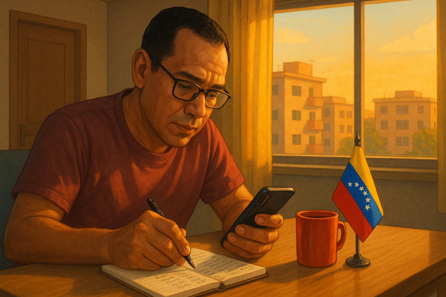 Venezolano enviando remesas desde el exterior con comparación de comisiones y tipo de cambio