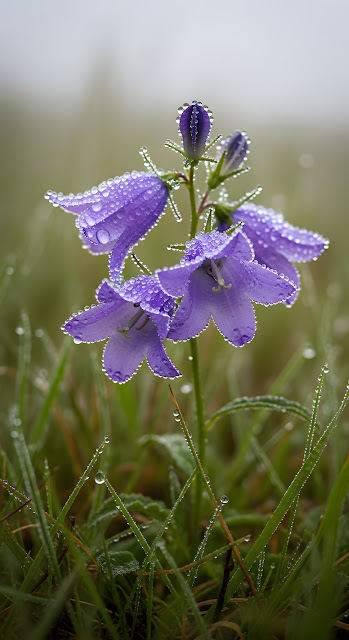 Purple Bellflowers Covered in Morning Dew Droplets - Free mobile Wallpaper