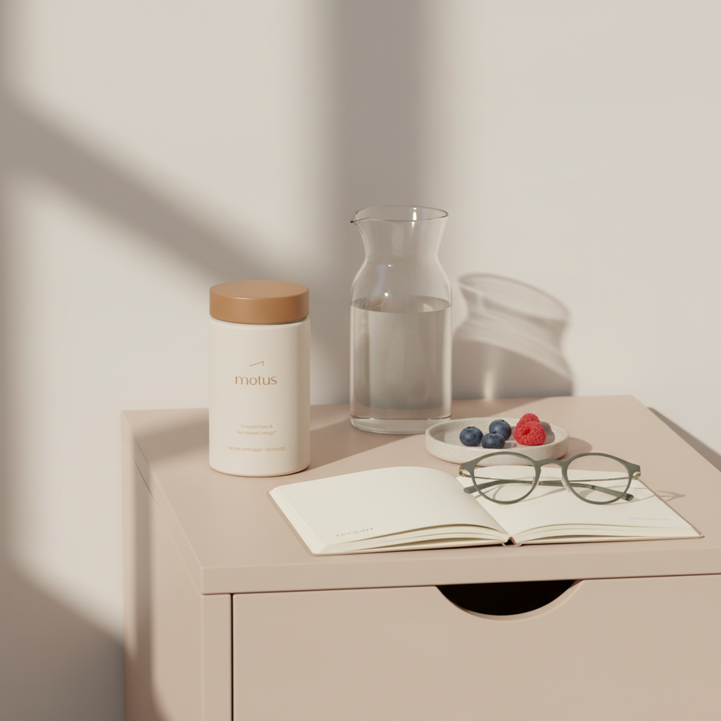 Bright bedside lifestyle photo of Tonum supplement jar on a table with notepad, reading glasses, water carafe and berries — Does B12 help prevent Alzheimer's