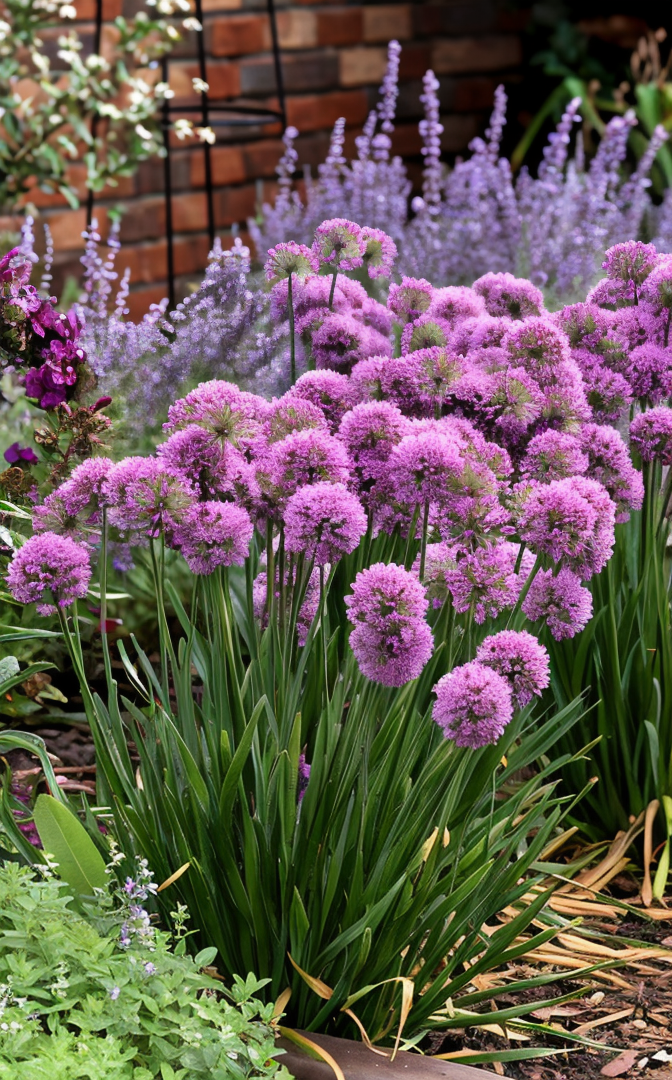 Allium Serendipity fiorito in giardino, sfere viola rosate