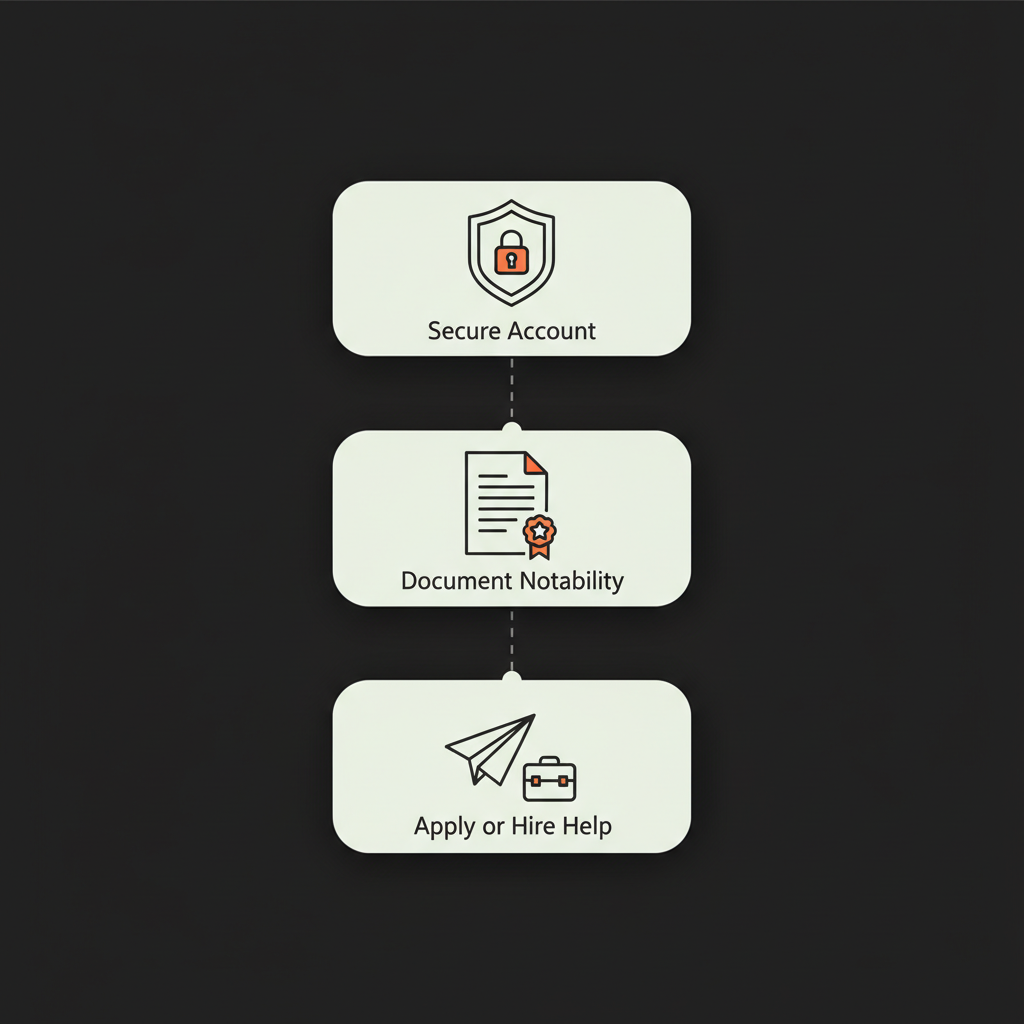 Minimal 2D vector flowchart showing three verification steps — secure account, document notability, apply or hire help; relevant to Twitter tick mark cost