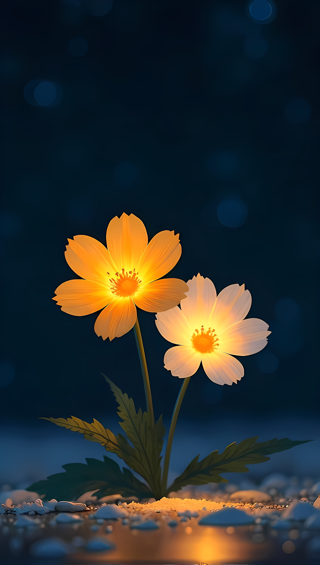 Ethereal Cosmos Flowers Glowing in Midnight Garden Bokeh - Free 4K mobile Wallpaper