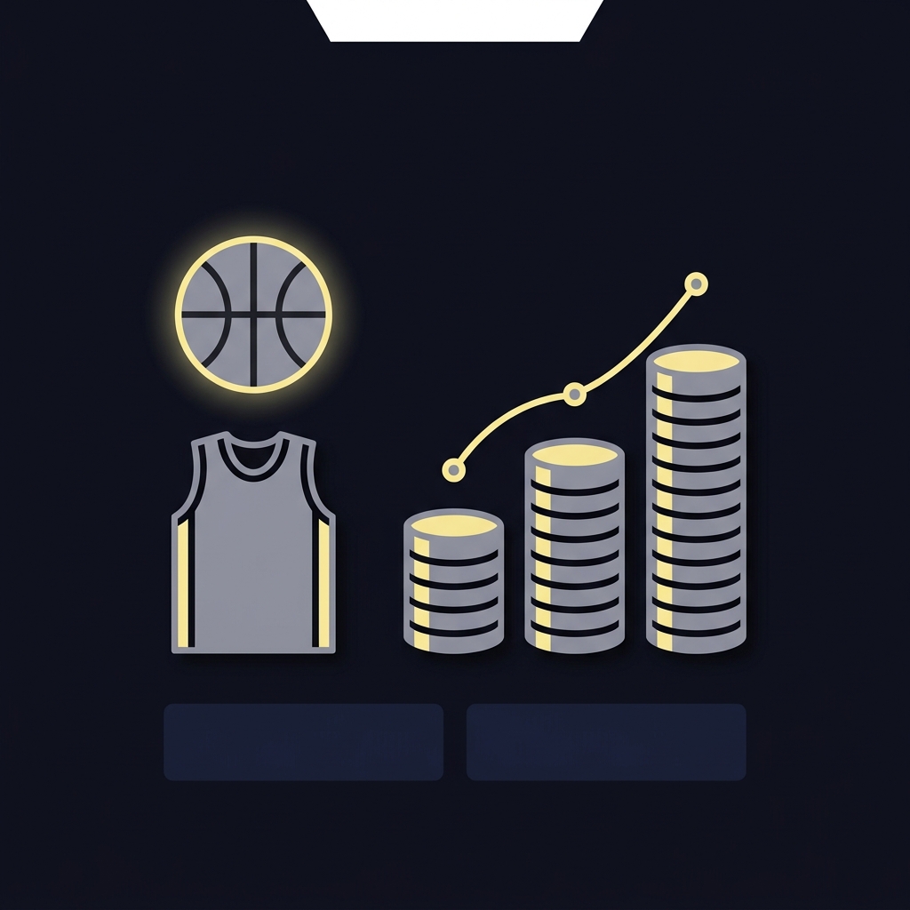 Minimalist 2D vector showing basketball salary comparison with ascending coin stacks and connecting line chart beside a neutral jersey silhouette on Funded Plays dark background warriors nuggets prediction