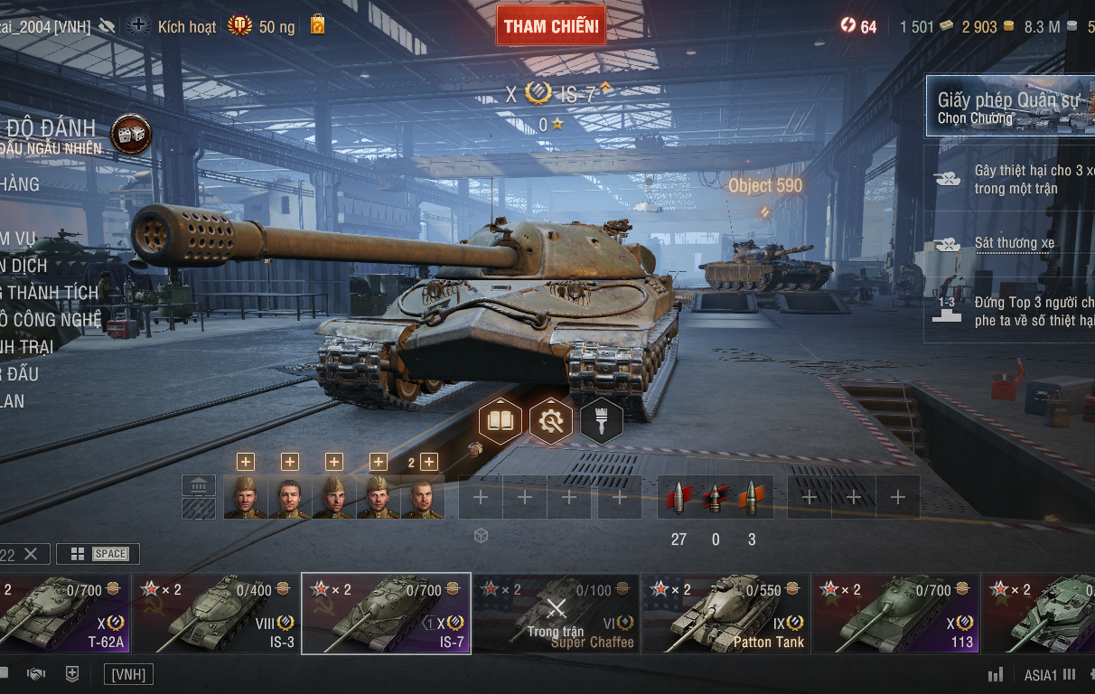 Acc World of Tanks 25 tank, gồm 5 xe cấp X (T62A, IS-7, BZ-7...
