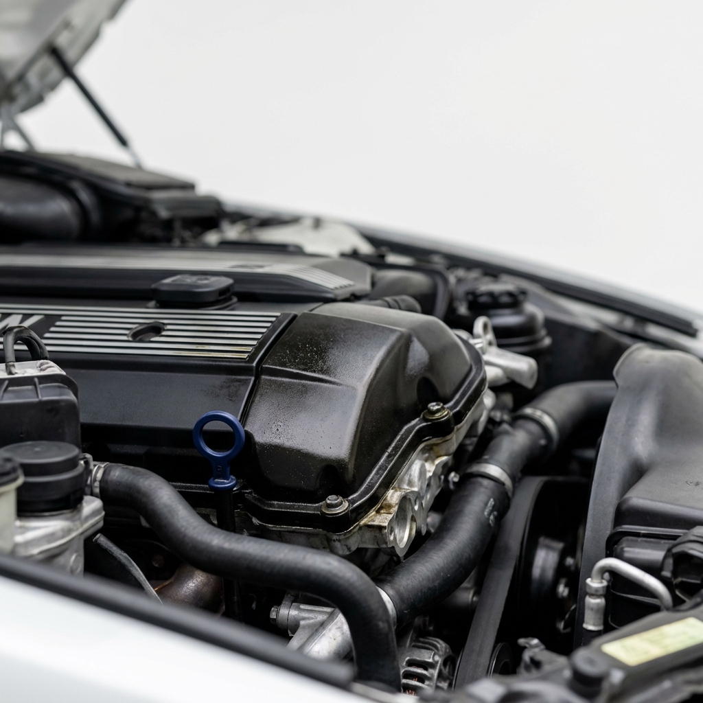 Close up full frame photo of bmw 540i for sale valve cover area with subtle oil residue clean white background and small 3666ed blue accent minimalist layout
