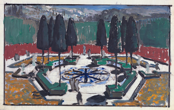 View of a Walled Octagonal Garden with Evergreen Trees 191219